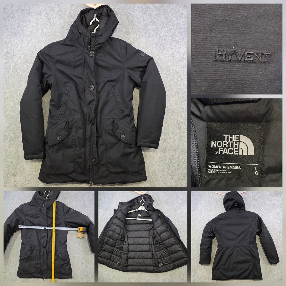 The North Face HyVent Down Mauna Kea Parka Coat Womens Large Black Hooded Jacket